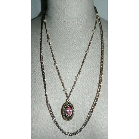 Vintage Jewelry - Multi Chain Faux Pearl Pink Glass Necklace